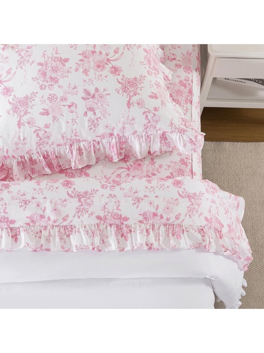 Vintage Floral Ruffle Queen Sheet Set - Soft 100% Cotton Bedding, 4-Piece